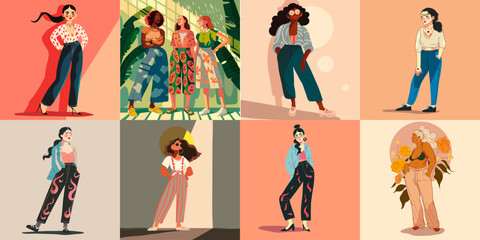 modern illustration vector, character image for social examples. beautiful woman in trendy clothes