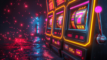 slot machines featuring classic symbols like bars and sevens in a futuristic casino setting generative ai raster illustration.