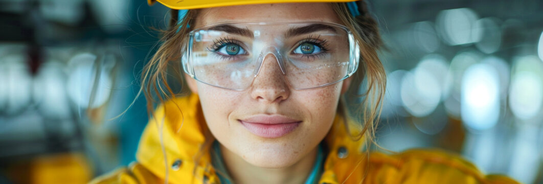portrait banner of a female construction worker, ingeneer, generative ai