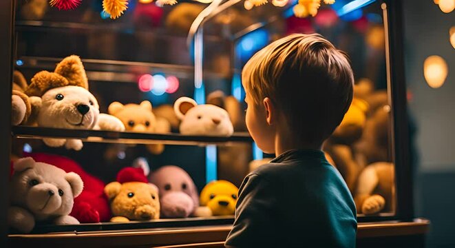 Child playing a hook machine at the fair. Plush toys.