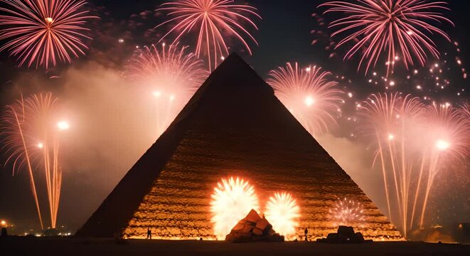 Fireworks next to the pyramids of Egypt.
