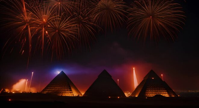 Fireworks next to the pyramids of Egypt.
