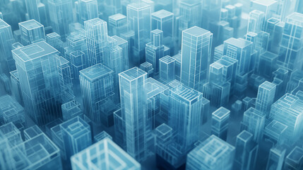 full screen, overlook, blue gradient frosted glass, frosted glass bulidings, blue city buildings scene, intensive white transparent technology sense, super wide angle, playing light and shadown, isome