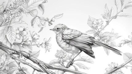 Detailed black and white illustration of a bird perched on a branch. Suitable for various design projects