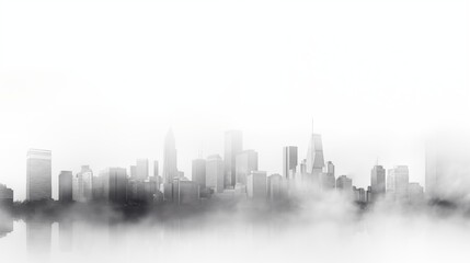 Foggy Urban Skyline with High-Rise Buildings Silhouetted Against the Hazy Sky