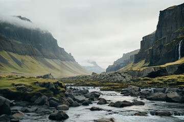 Majestic Icelandic landscape with flowing river and mountains. Generative AI image
