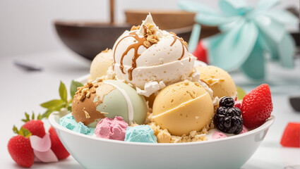 white bowl filled with various flavors of ice cream