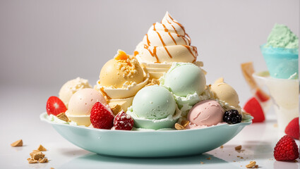 white bowl filled with various flavors of ice cream
