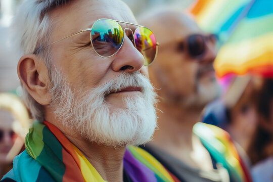 Senior man celebrating pride with rainbow accessories. Generative AI image