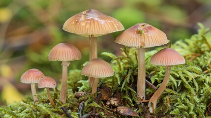 Enchanting Cluster of Dew-Covered Mushrooms in Mossy Forest