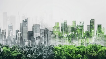 Skyline shifting from gray to green, representing the journey towards carbon neutrality and a greener urban environment. Carbon reduction