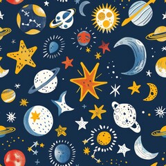 Colorful Space Pattern with Planets, Stars, and Celestial Bodies
