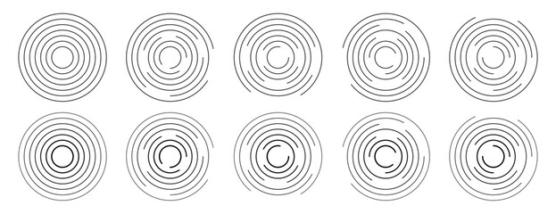 Collection of concentric ripple circles editable stroke vector set. Radial signal, sonar wave, soundwave icon