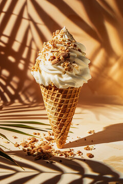 Italian Gelato Cone with Whipped Cream and Nuts. Generative AI image
