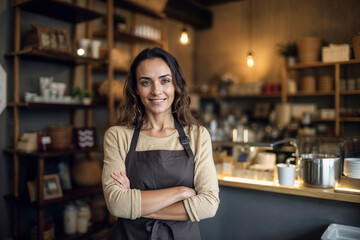 A woman is seen standing behind a store counter, engaging with customers and managing transactions in a small business setting. Generative AI