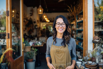 Woman Standing in Front of Flower Shop. Generative AI