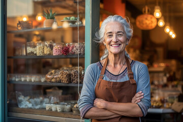 Senior woman Standing With Crossed Arms Outside Store. Generative AI