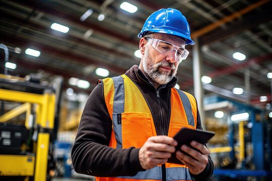 Man in Hard Hat Checking Cell Phone. Generative AI