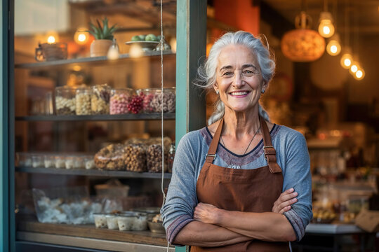Senior woman Standing With Crossed Arms Outside Store. Generative AI