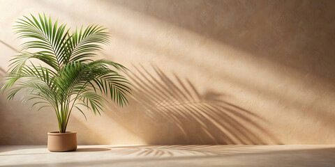 Minimal Product Placement Background with Palm Shadow on Beige Plaster Wall - Luxury Summer Aesthetic. Perfect for: Summer Sales, Interior Design Promotions, Home Decor Events, Luxury Brand Launches.