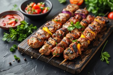 Appetizing kebab on a wooden board with sauces