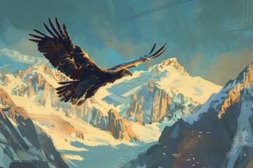 A scenic painting of a bird soaring over majestic mountains. Suitable for nature and wildlife themes