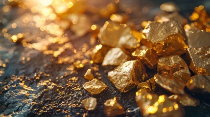 Close-up of gold nuggets on a textured surface with sunlight and bokeh effect.