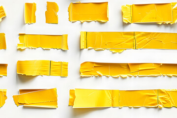 set of yellow tapes on white background torn horizontal and different size yellow sticky tape adhesive pieces AI