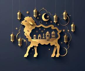 Eid Al Adha Mubarak Illustration with Gold Lanterns and Mosque