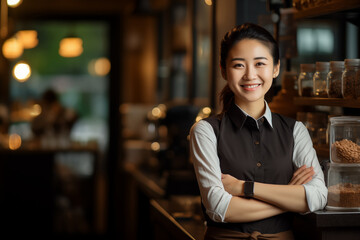 Fototapeta premium Friendly Barista in Cozy Cafe. Friendly barista standing with arms crossed in a cozy cafe, smiling and showcasing a warm and welcoming atmosphere.