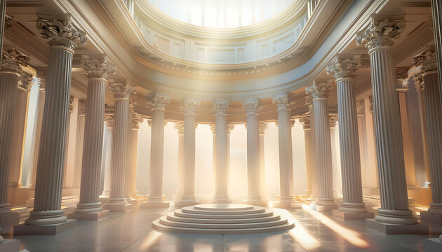 Opulent Roman setting with towering columns and a central circular stage, featuring detailed carvings and soft, ethereal lighting, capturing the grandeur and elegance of ancient architecture.