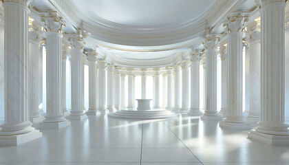 Naklejka premium Opulent Roman setting with towering columns and a central circular stage, featuring detailed carvings and soft, ethereal lighting, capturing the grandeur and elegance of ancient architecture.