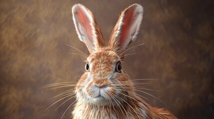 Obraz premium A close-up of a rabbit's face on a brown background. Ideal for animal lovers