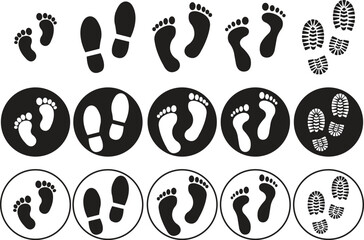 set, footprint, icons, fill, graphic, designs, black, silhouette, human, track, shoe, soles, print, impression, barefoot, clips, isolated, transparent, backgrounds, group, contour, couple, emblem, foo