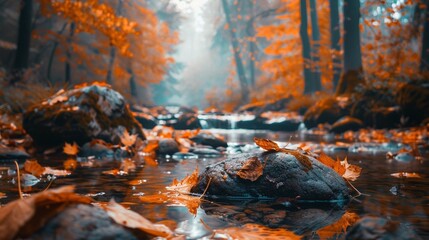 autumn aesthetic forest local mock up rocks scenic view with soft focus background orange leaves and foliage - Powered by Adobe