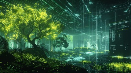 Obraz premium Glowing Vines Crawl Across a Digital Landscape