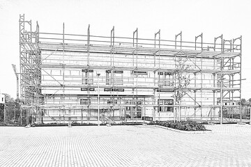 Haus mit Ger&uuml;st als Bleistiftzeichnung