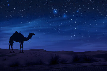 Serene desert night sky with camel silhouette