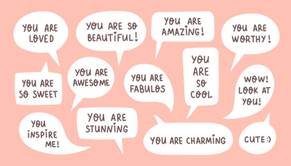 Set of speech bubbles with compliment phrases, self love quotes