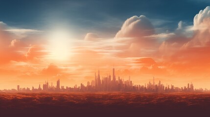 Fototapeta premium Majestic sunset over a serene cityscape with a vibrant orange sky, silhouetted buildings, and peaceful evening atmosphere.