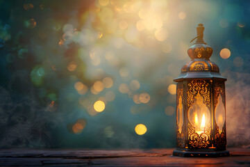 Intricate lantern radiates warm light with magical bokeh effects in the background