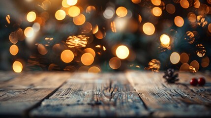Christmas holiday background with empty wooden deck table over festive bokeh. Ready for product montage