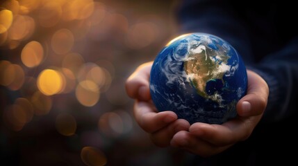 Fototapeta premium Human hand holding planet earth, blurry background with editable space.