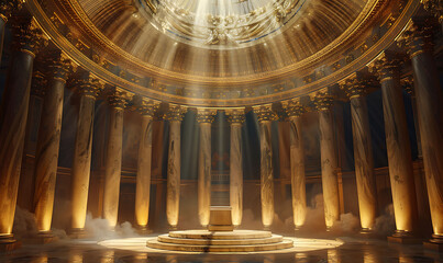 Obraz premium Stunning ancient Greek structure with a central podium and encircling columns, highlighted by dramatic lighting