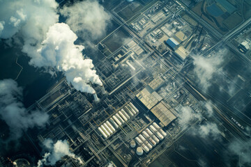 Aerial image of a nuclear power plant and all its facilities emitting smoke