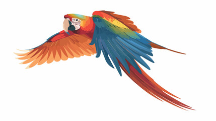 Macaw flying with multicolored spread wings. Large tr