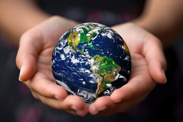 Human hand holding planet earth, blurry background with editable space.