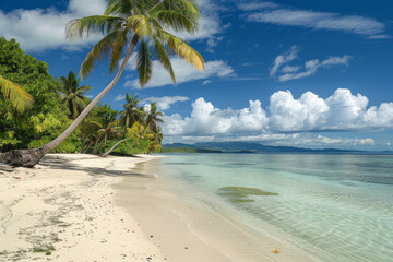 Pristine sandy beach with lush palm trees under a clear blue sky, showcasing tranquility in paradise