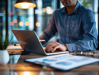 Man working on laptop in cafe
