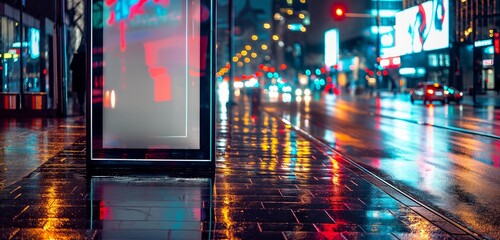 An empty vertical advertising kiosk on a neon-lit downtown street, with reflections of city lights on wet pavement. 32k, full ultra hd, high resolution